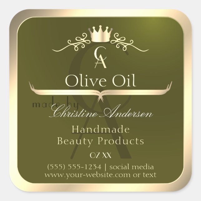 Olive Green Product Label with Gold Frame Monogram (Front)