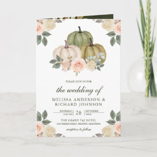 Olive Green Pumpkin Peach Floral QR Code Wedding Invitation