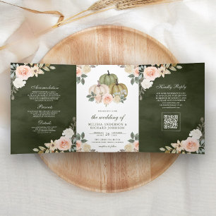 Olive Green Pumpkin Peach Floral QR Code Wedding Tri-Fold Invitation