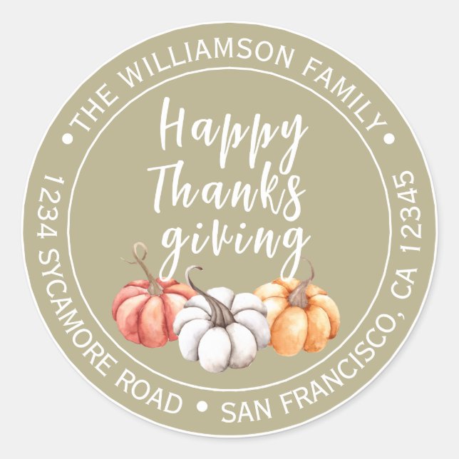 Olive Green Pumpkin Thanksgiving Return Address Classic Round Sticker (Front)