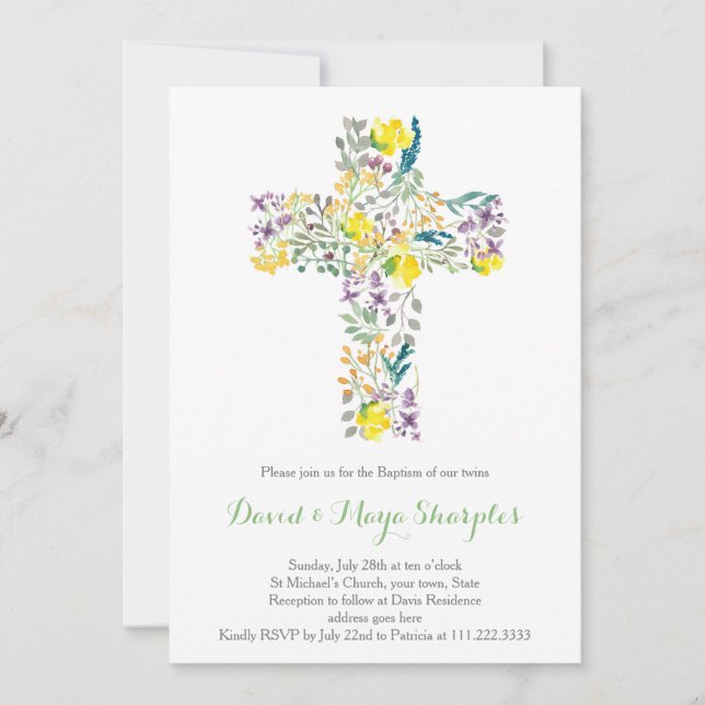 olive green purple Baptism invitations, twins Invitation (Front)