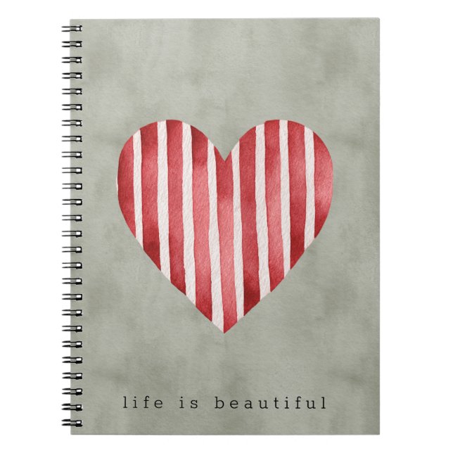 Olive Green Red Cream Stripes Heart   Notebook (Front)