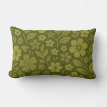 Olive Green Retro Floral Lumbar Throw Pillow