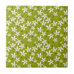 Olive Green Retro Floral Pattern Ceramic Tile