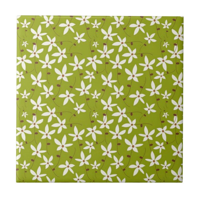 Olive Green Retro Floral Pattern Ceramic Tile (Front)