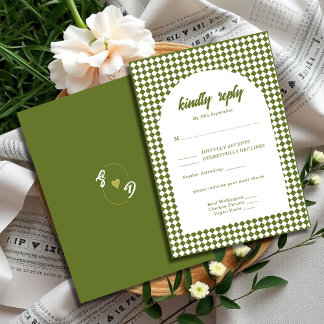 Olive green Retro Minimalist Checker Arch Wedding RSVP Card