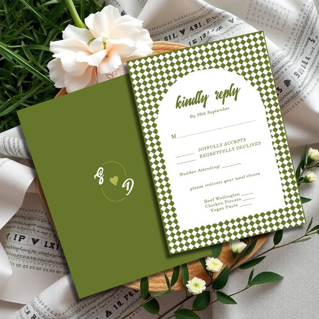 Olive green Retro Minimalist Checker Arch Wedding RSVP Card (Creator Uploaded)