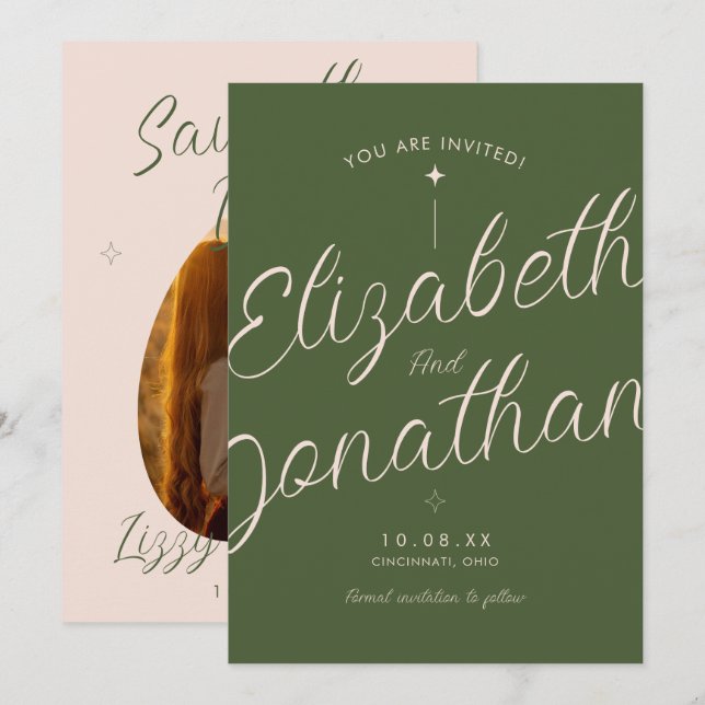 Olive Green Retro Modern Bold Script Photo Wedding Save The Date (Front/Back)
