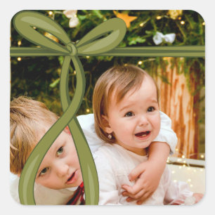 OLIVE GREEN RIBBON BOW PHOTO SQUARE STICKER
