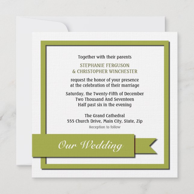 Olive Green Ribbon Wedding Invitation (Front)
