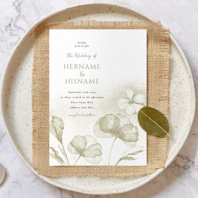 Olive Green Romantic Floral Watercolor Wedding Invitation (Creator Uploaded)