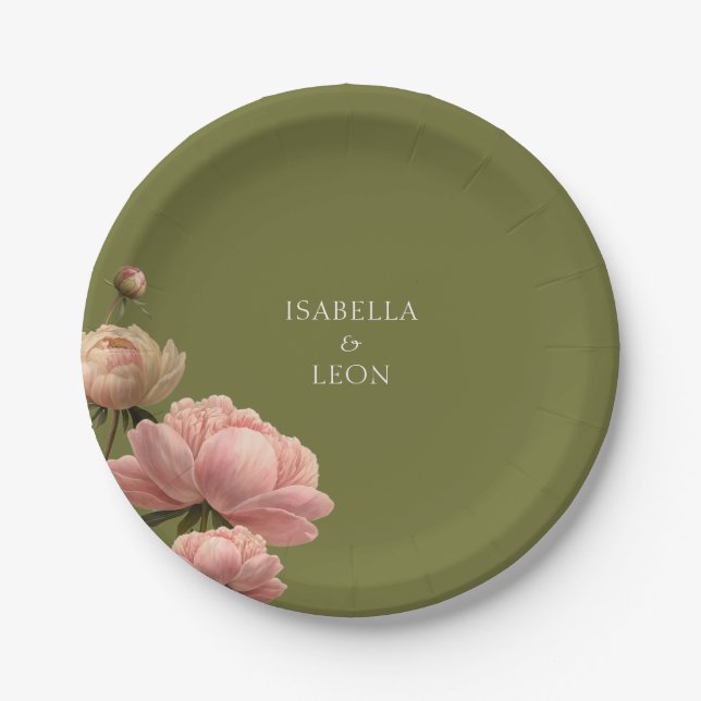 Olive Green & Rose Wedding  Paper Plate (Front)