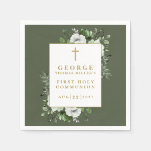 Olive Green Rustic Floral First Holy Communion Napkin