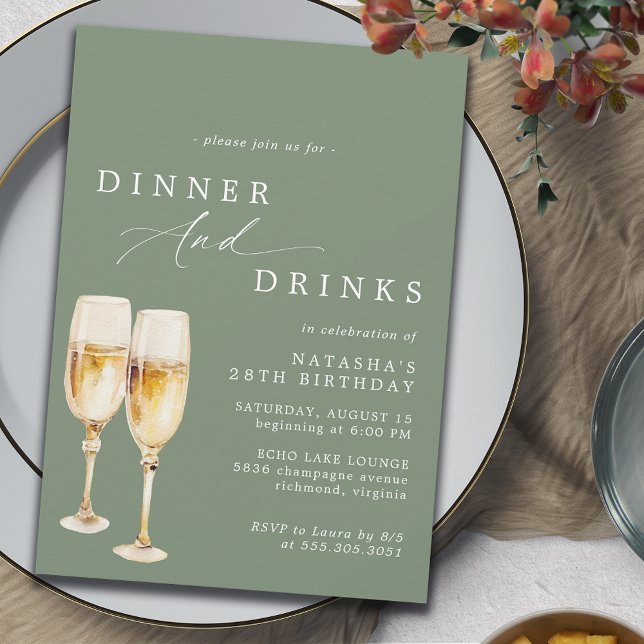 Olive Green Sage | Fancy Champagne Birthday Dinner Invitation (Creator Uploaded)