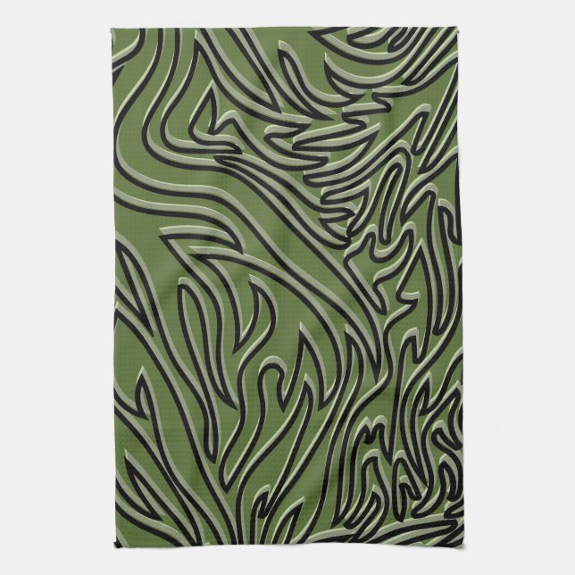 Olive Green, Sage Green & Black Modern Abstract Tea Towel (Vertical)