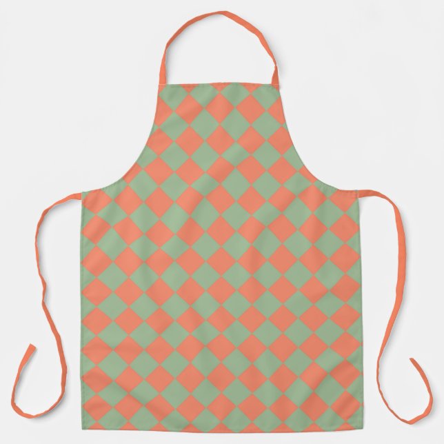 Olive Green Salmon Pink Chequered Diamond Pattern Apron (Front)