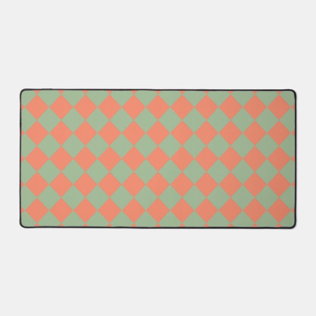 Olive Green Salmon Pink Chequered Diamond Pattern Desk Mat (Front)