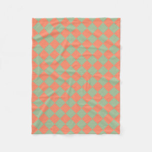 Olive Green Salmon Pink Chequered Diamond Pattern Fleece Blanket