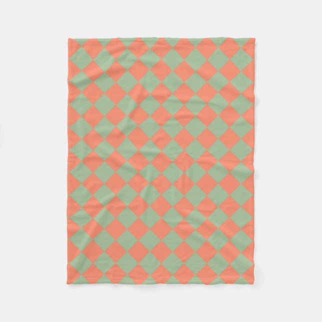 Olive Green Salmon Pink Chequered Diamond Pattern Fleece Blanket (Front)