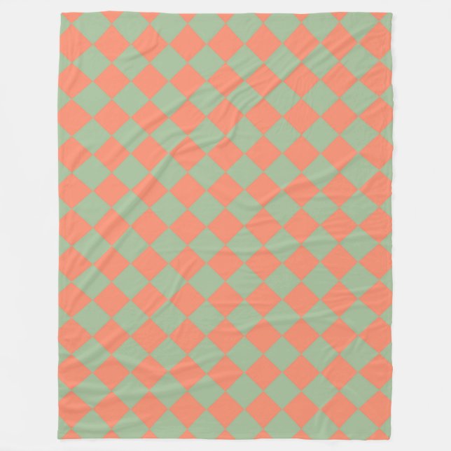 Olive Green Salmon Pink Chequered Diamond Pattern Fleece Blanket (Front)