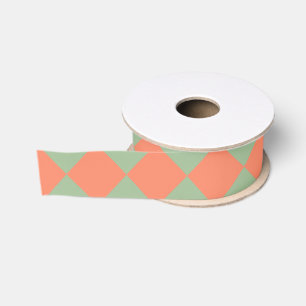 Olive Green Salmon Pink Chequered Diamond Pattern Grosgrain Ribbon