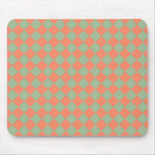 Olive Green Salmon Pink Chequered Diamond Pattern Mouse Pad