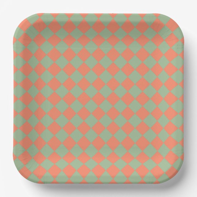 Olive Green Salmon Pink Chequered Diamond Pattern Paper Plate (Front)