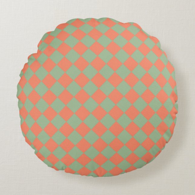 Olive Green Salmon Pink Chequered Diamond Pattern Round Cushion (Front)