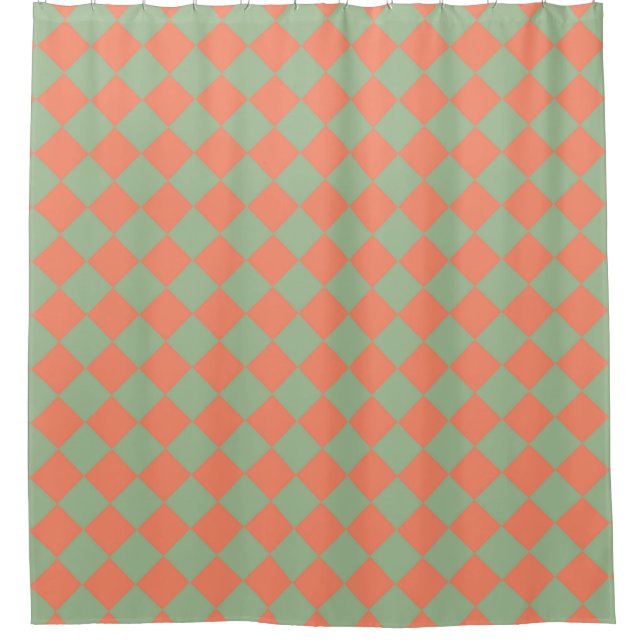 Olive Green Salmon Pink Chequered Diamond Pattern Shower Curtain (Front)