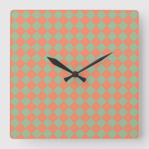 Olive Green Salmon Pink Chequered Diamond Pattern Square Wall Clock