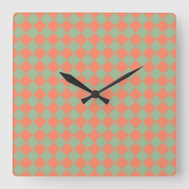 Olive Green Salmon Pink Chequered Diamond Pattern Square Wall Clock (Front)