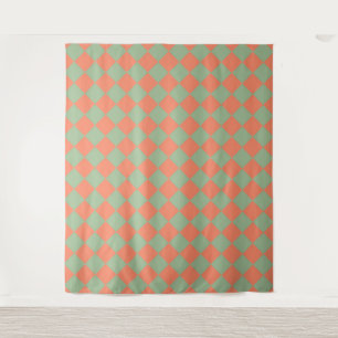Olive Green Salmon Pink Chequered Diamond Pattern Tapestry