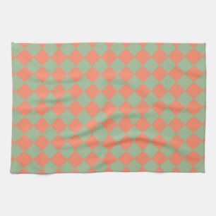Olive Green Salmon Pink Chequered Diamond Pattern  Tea Towel