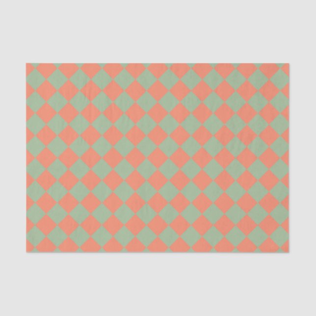 Olive Green Salmon Pink Chequered Diamond Pattern Tissue Paper (Front)