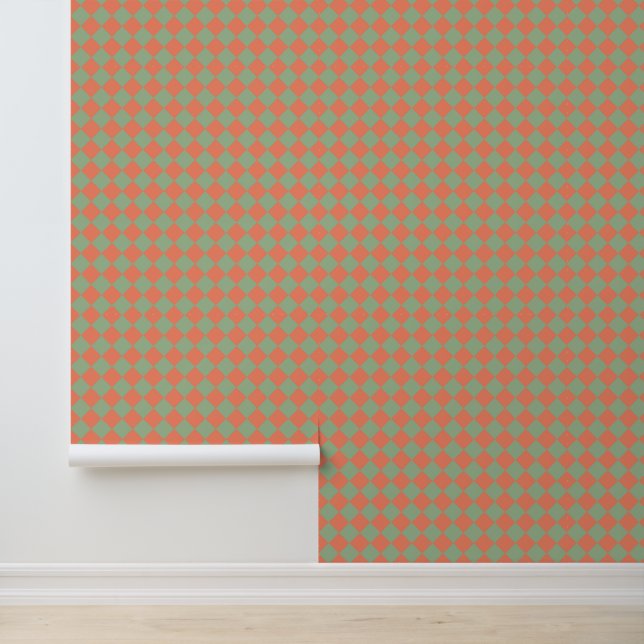 Olive Green Salmon Pink Chequered Diamond Pattern Wallpaper (Application)