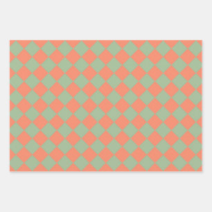 Olive Green Salmon Pink Chequered Diamond Pattern Wrapping Paper Sheet