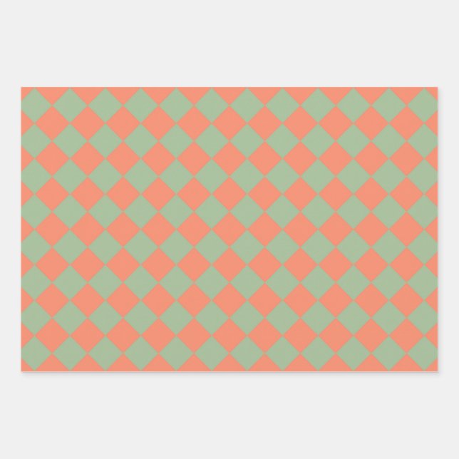 Olive Green Salmon Pink Chequered Diamond Pattern Wrapping Paper Sheet (Front)