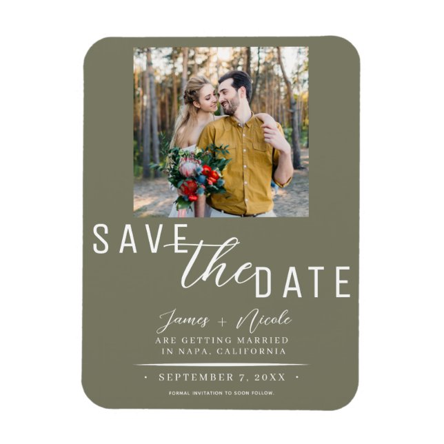 Olive Green Save the Date Photo Wedding Magnet (Vertical)