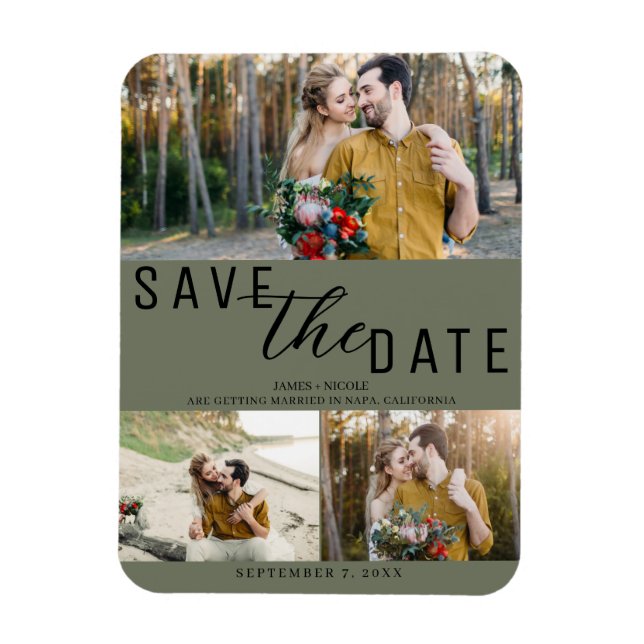 Olive Green Save the Date Wedding 3 Photos Magnet (Vertical)