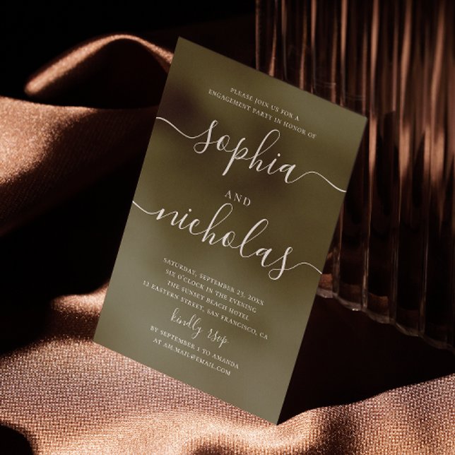 Olive green script minimalist engagement party invitation (Creator Uploaded)