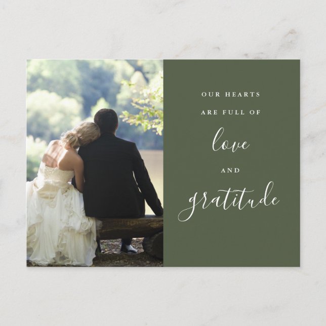 Olive Green Script Photo Wedding Thank You Postcard (Front)