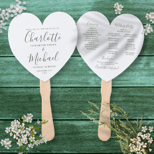Olive Green Script Wedding Program Heart Hand Fan