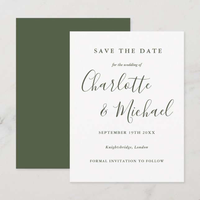 Olive Green Script Wedding Save the Date Postcard (Front/Back)