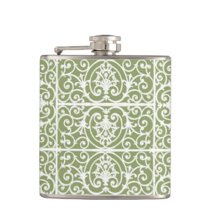 Olive green scrollwork pattern hip flask