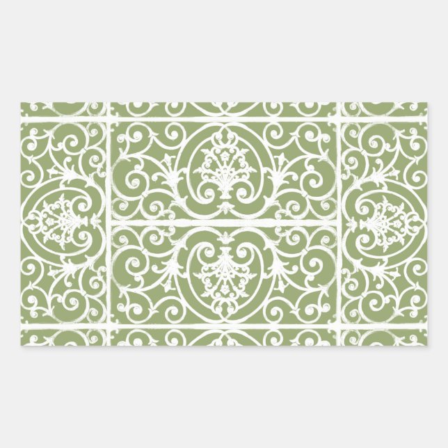 Olive green scrollwork pattern rectangular sticker (Front)