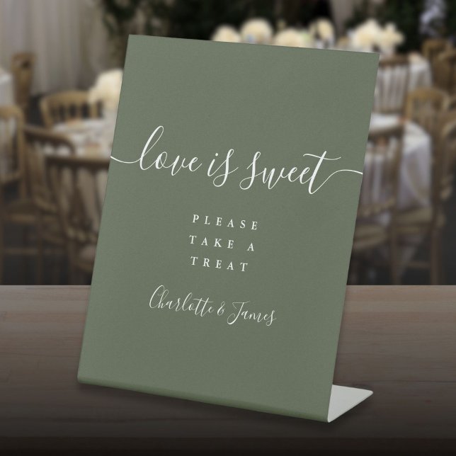 Olive Green Signature Script Love Is Sweet Favor Pedestal Sign (Olive Green Signature Script Love Is Sweet Favour Pedestal Sign)