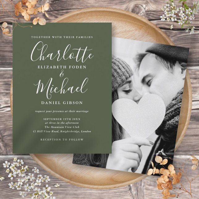 Olive Green Signature Script Photo Wedding Invitation Postcard (Olive Green Signature Script Photo Wedding Invitation Postcard)