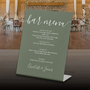 Olive Green Signature Script Wedding Bar Menu Pedestal Sign