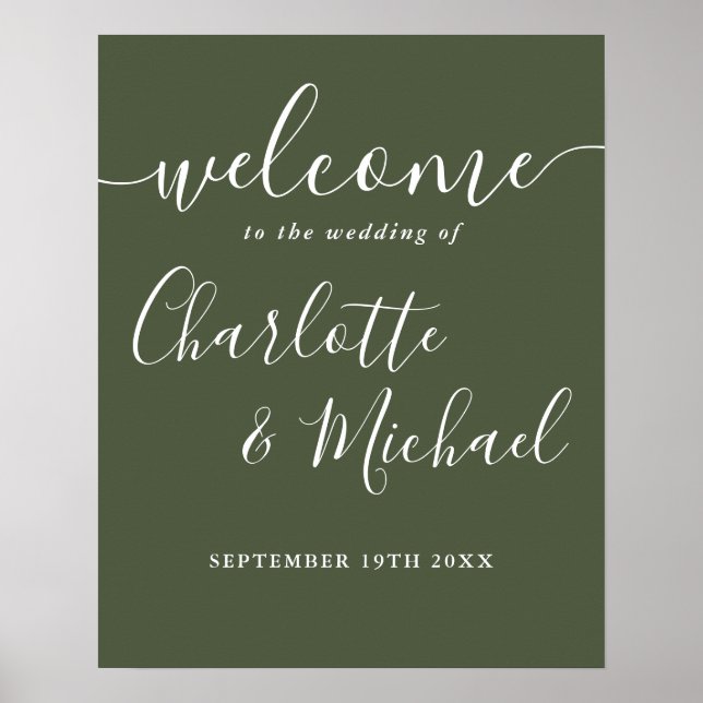 Olive Green Signature Script Wedding Welcome Sign (Front)