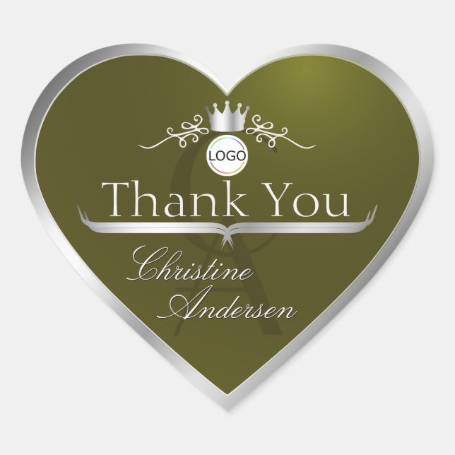 Olive Green Silver Frame Logo Monogram Thank You Heart Sticker (Front)